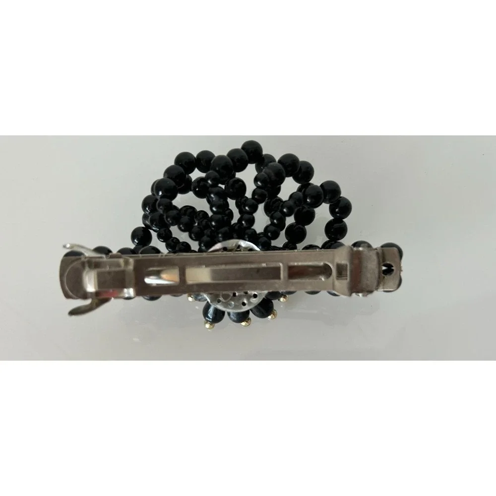 Vintage Black Beaded Bow Hair Barrette French Clip Mid Century Retro Black Pearl